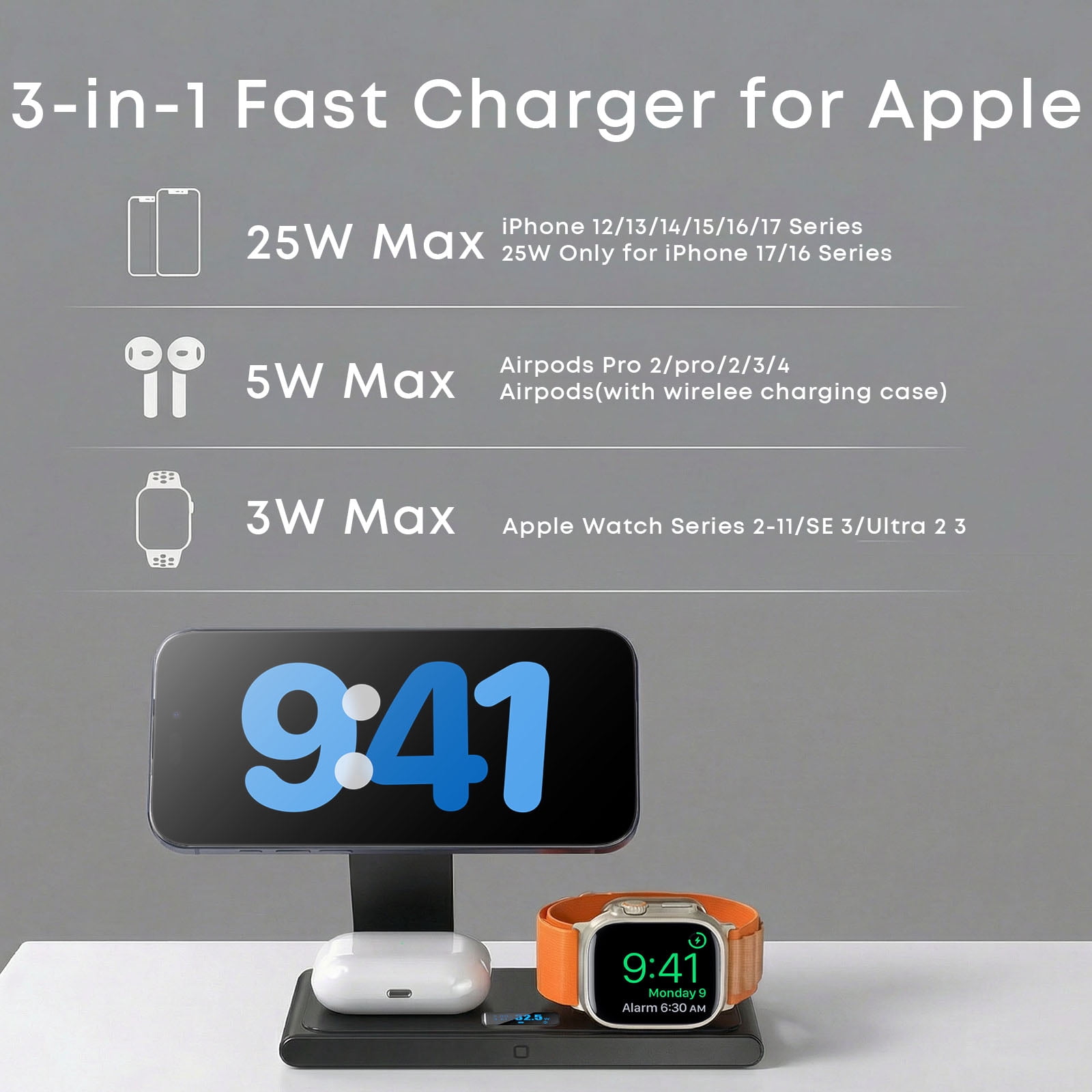 Syncdeck Foldable 3-in-1 Wireless Charging Station Max to 25W with Digital Display & 45W Adapter, Visible Fast Charger for iPhone 15/16/17Pro/Pro Max,15/16 Plus Air,AirPods,Apple Watch