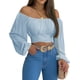 thumbnail image 3 of MIRACMODA Mujer Fuera del Hombro Fruncido Lazo Espalda Crop Top Verano Linterna Manga Boho Camisa Blusa, 3 of 5