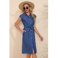 thumbnail image 3 of Women's Button Down Belted Denim Dress with Pockets Knee Length Band Collar Cap Sleeves sixty five percent cotton, 3 of 5