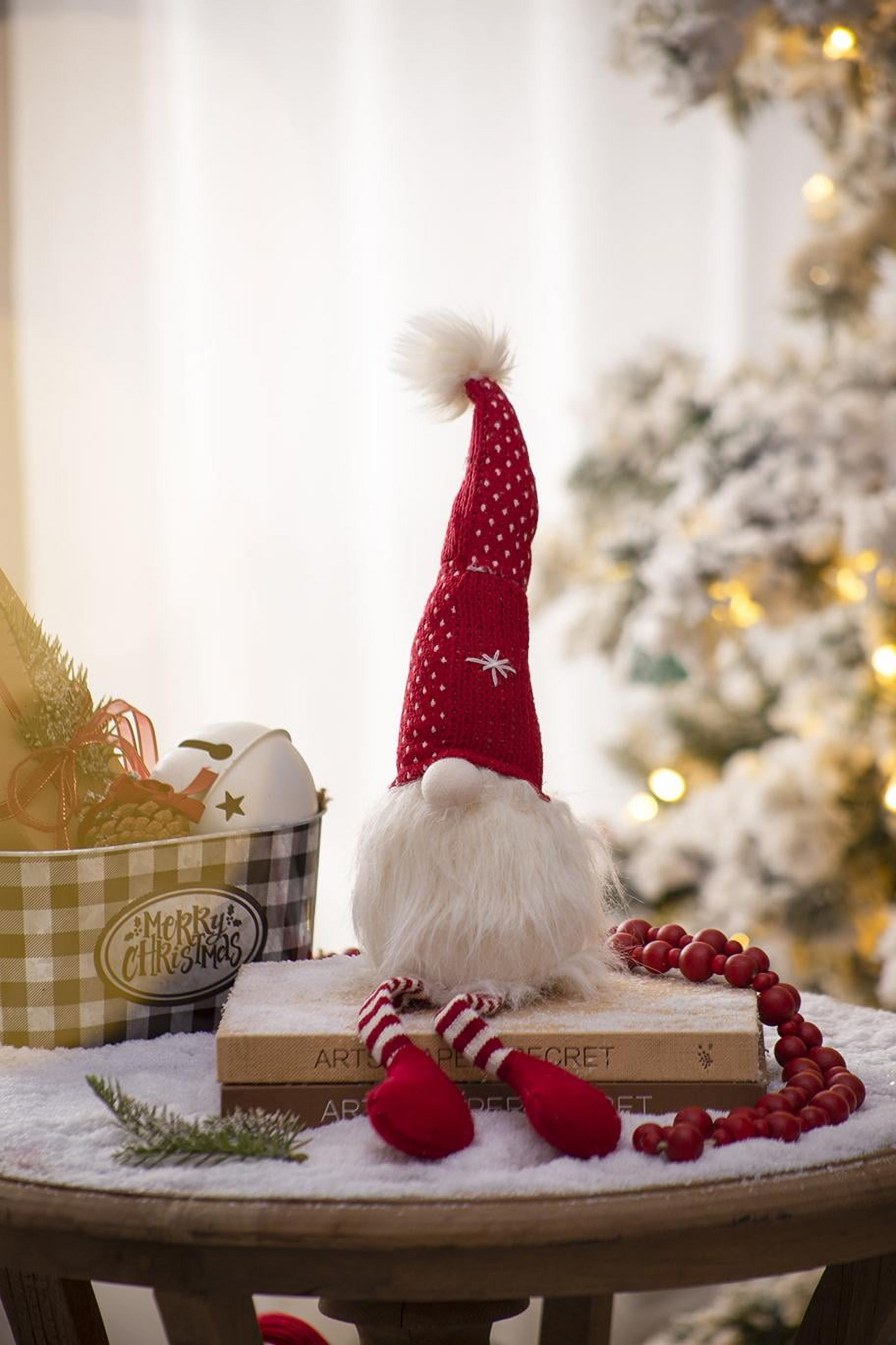 Jolly Red and White Striped Gnome Figurine Set Fluffy White Beard Long Legs Tabletop Mantel Dining Room Decoration