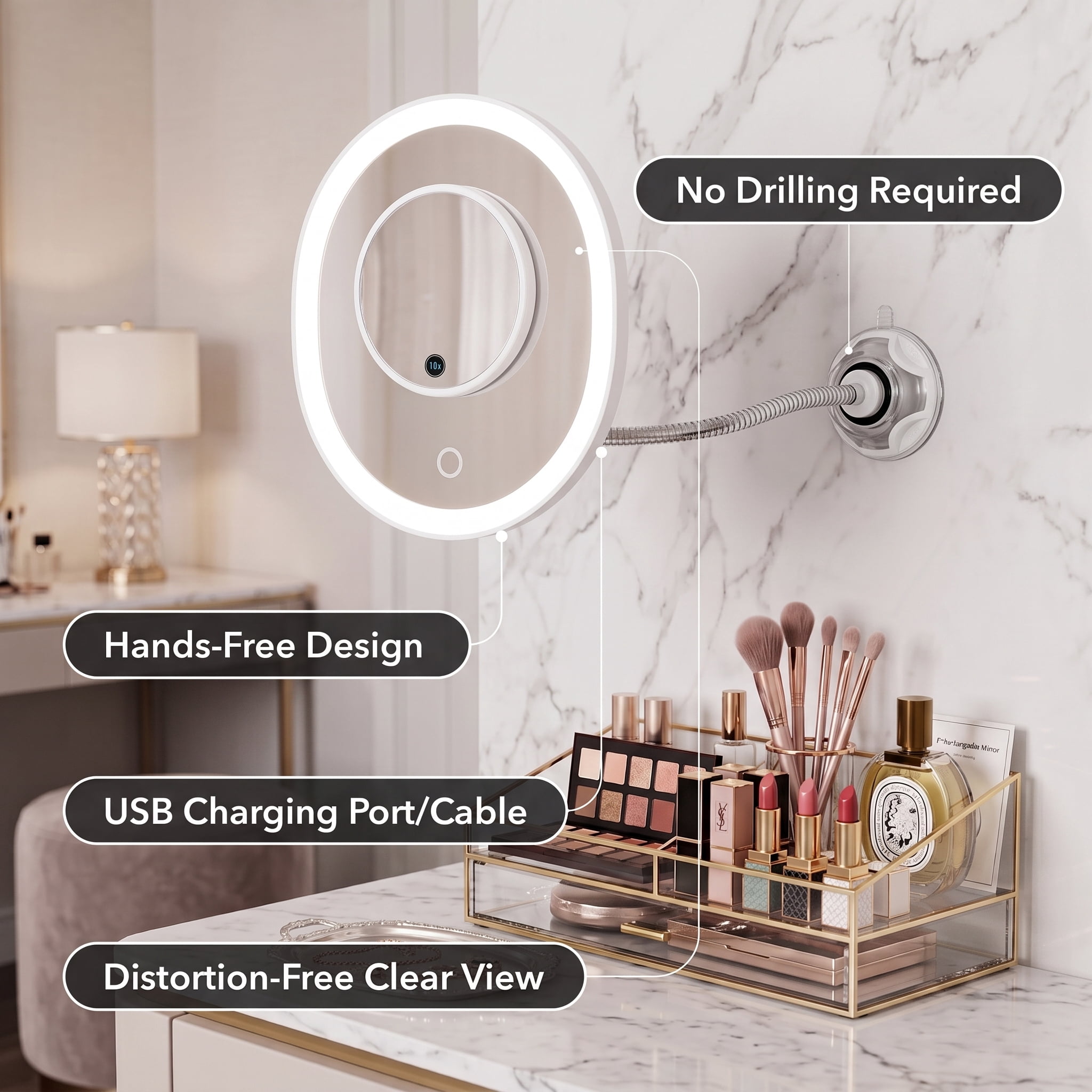 OVENTE 9'' Rechargeable Lighted Wall Mount Makeup Mirror for Bathroom with Mini Magnetic 10X Magnifying Mirror, Touch Screen Dimmable LED Lights, Flexible Gooseneck and Suction Mounting, White MOW22W