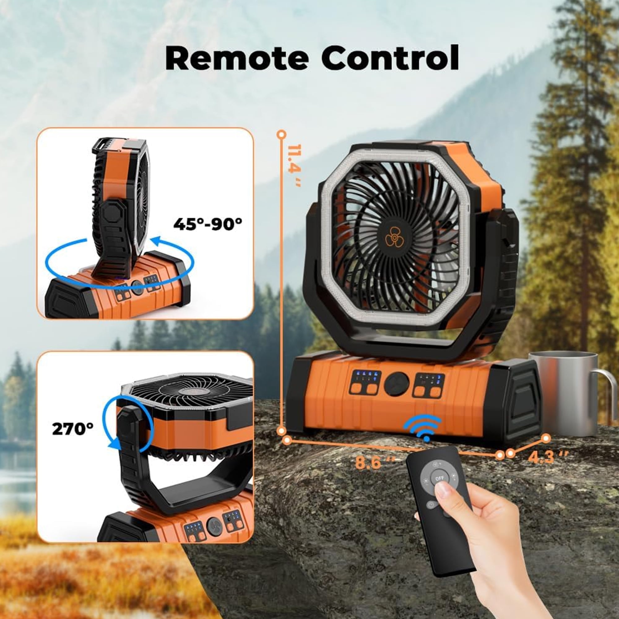 Acpouw Camping Fan with LED Lantern - 9 Inch Tent Fan, 20000mAh (60 Hour) Battery Fan, Self-Oscillating Cordless Fan, Tent Fan with Remote, 4 Speed, 4 Timers for Outdoor Camping