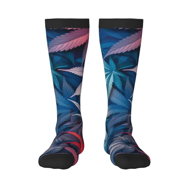 Fotbe Red And Blue Leaves Calcetas Divertidas Estampadas para Hombre y Mujer, Calcetas de Algodón hasta la Rodilla para Caminar, Correr, Enfermería y Embarazo