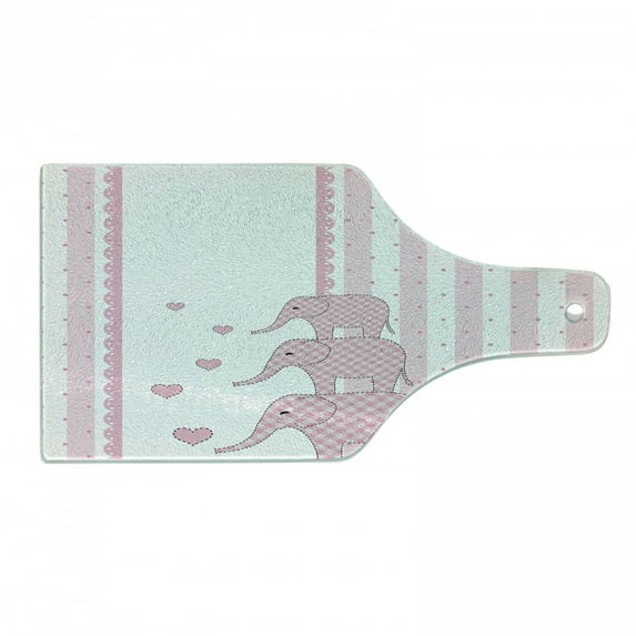 Animal Cartoon Cutting Board, Vertical Striped Backdrop Animals Hearts Retro Style Design, Decorative Tempered Glass Cutting and Serving Board, Wine Bottle Shape, Pale Pink White, by Ambesonne