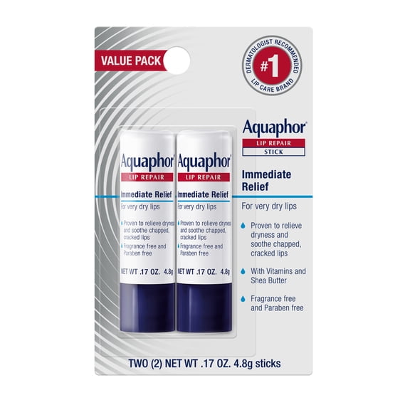 Aquaphor Lip Repair Balm Stick for Dry Chapped Lips with Shea Butter, 0.17 oz, 2 Pack
