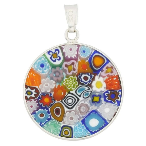 GlassOfVenice Murano Glass Millefiori Pendant "Multicolor" in Silver Frame 7/8"