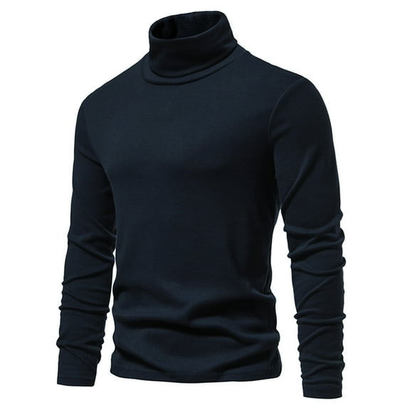 Men's Long Sleeve Cotton T Shirt Classic High Neck Casual Solid Color Tees Men High Elasticity Turtleneck Tops Blouse Shirts for Men, Navy&L