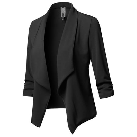 FashionOutfit Women's Stretch 3/4 Gathered Sleeve Open Blazer (Best Navy Blazer Women)