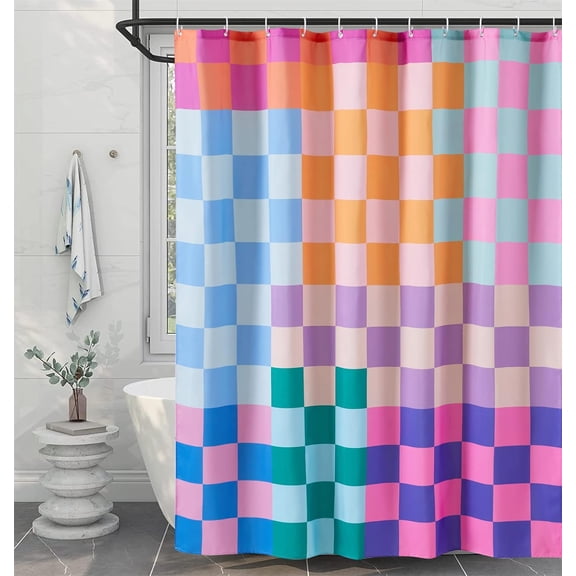 Multicolored Checkered Retro Fabric Shower Curtain for Bathroom, Heavy Duty & Waterproof Bright Rainbow Colorful Modern Simple Groovy Aesthetic Shower Curtain Set with Hooks Bathroom Decor