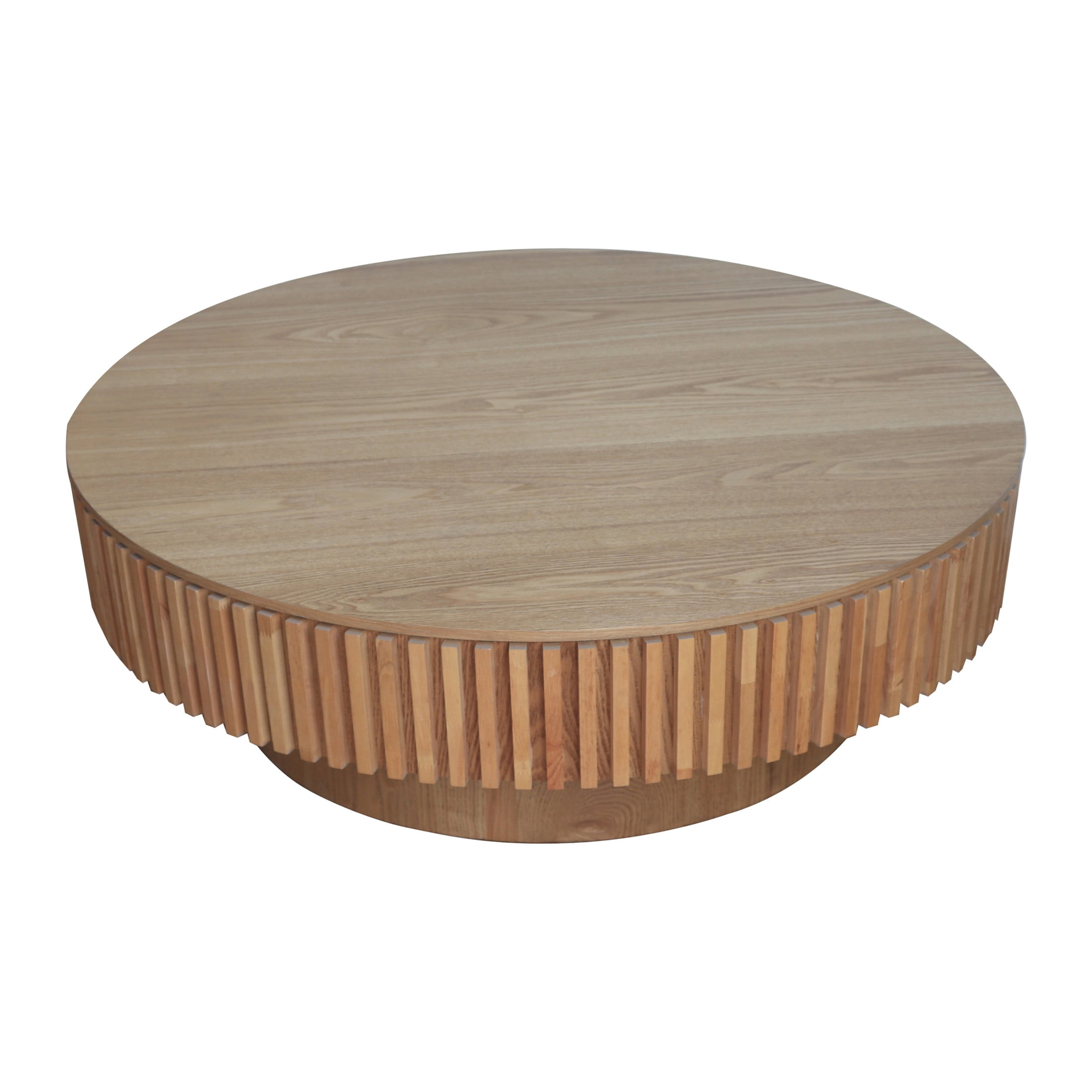Noble House Leigh 39.3" Round Coffee Table with Hidden Storage, Solid Wood Veneer Fluted Accent Tea Table, Natural