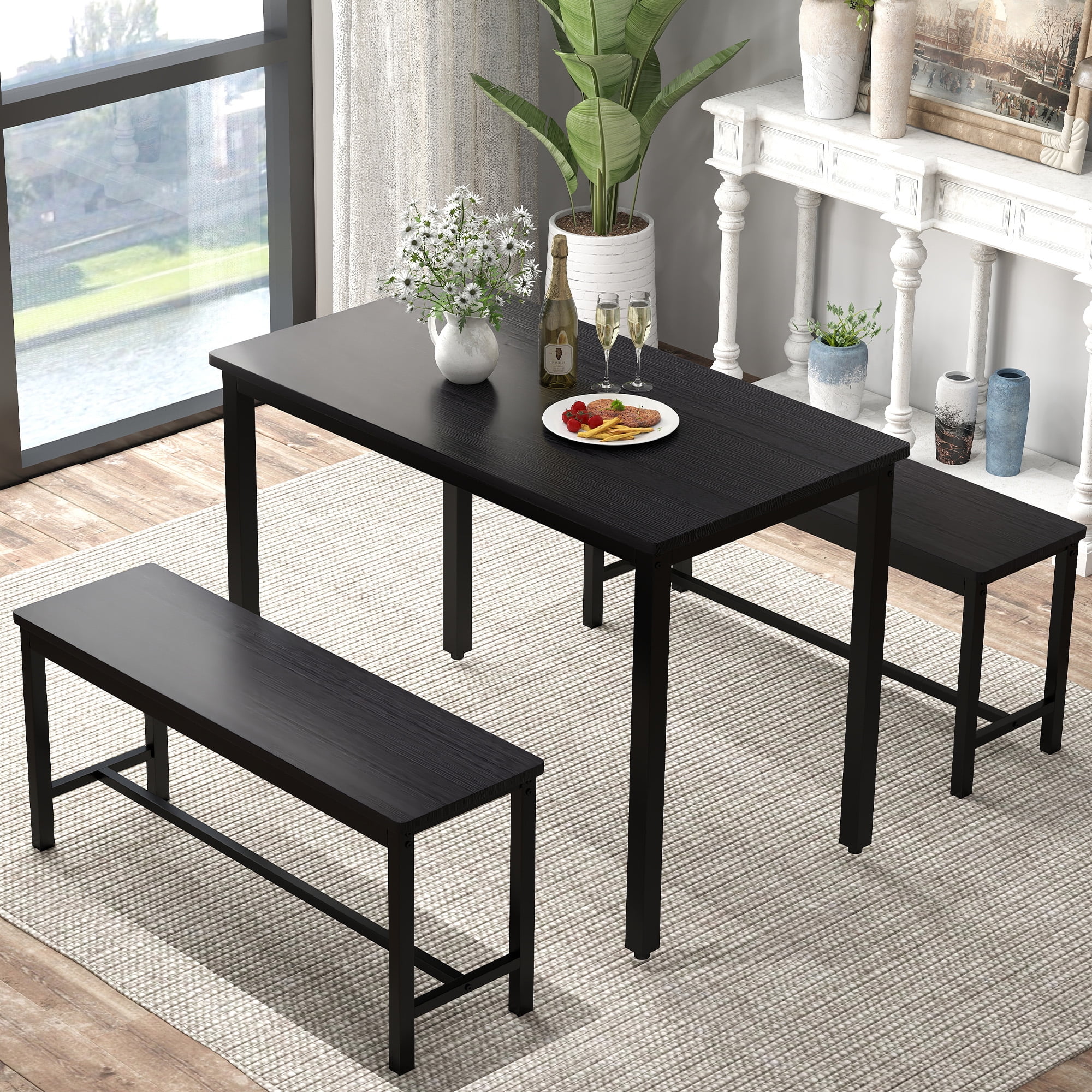 Aukfa Dining Table Set for 4, Rectangular Kitchen Table W/ 2 Benches for Small Space,Black