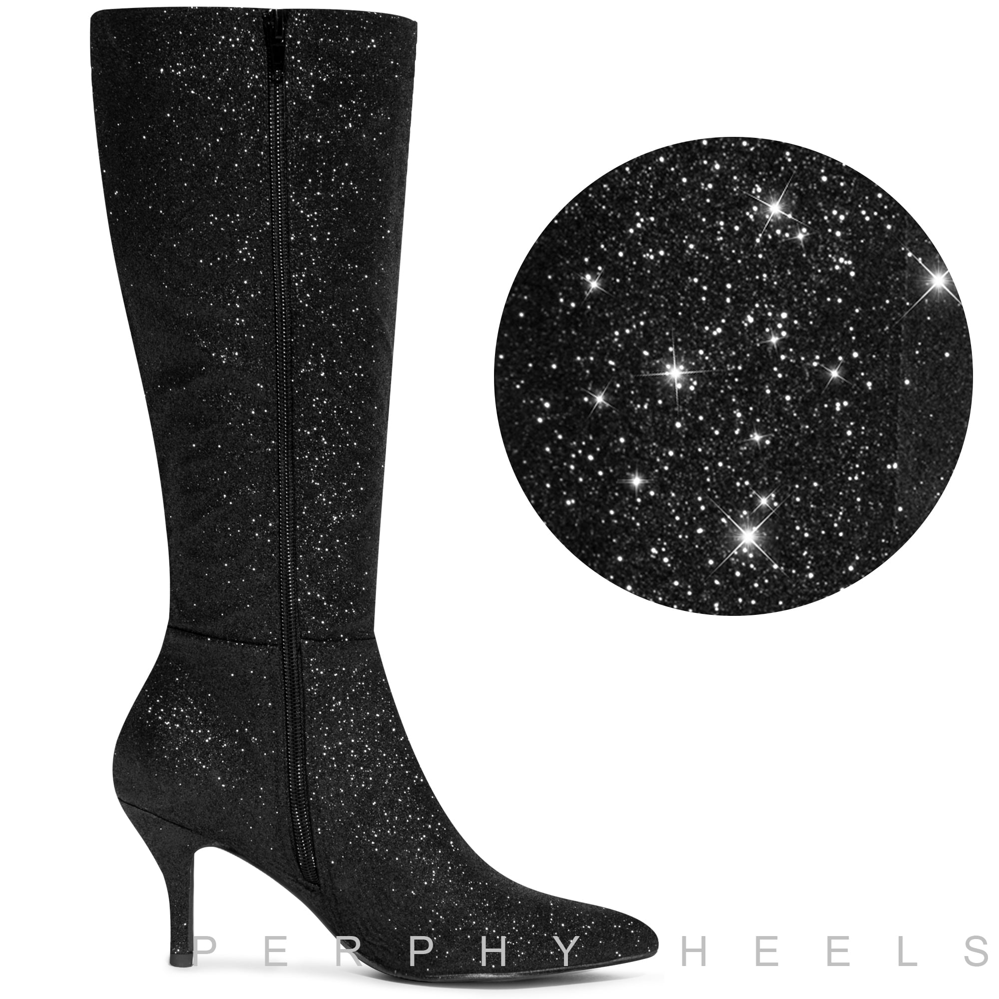 DARING DIVA Women's Pointed Toe Glitter Stiletto Heel Knee High Boots Black 7