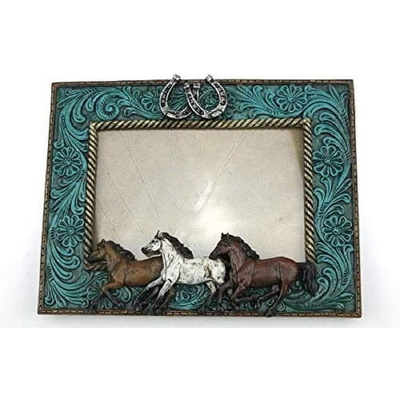 Comfy Hour Western Retro Collection Resin Art 6"x5" Photograph Running Horses Horseshoes Photo Frame Blue