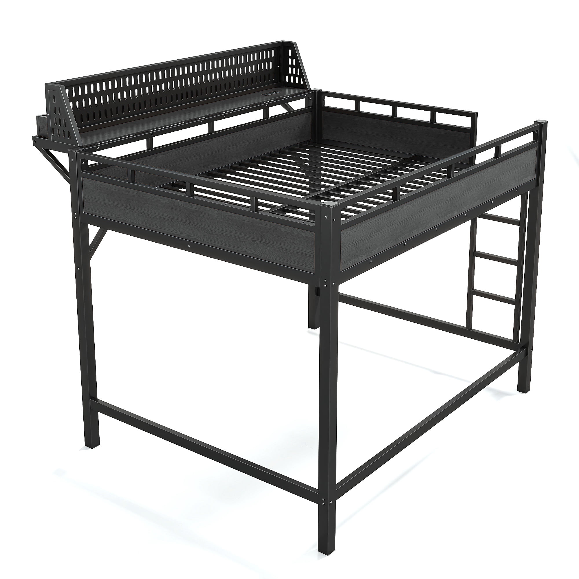 Leumius Queen Size Loft Bed with Storage Shelves and Pegboard,Metal Loft Bed Frame with USB Ports and LED Lights,Black