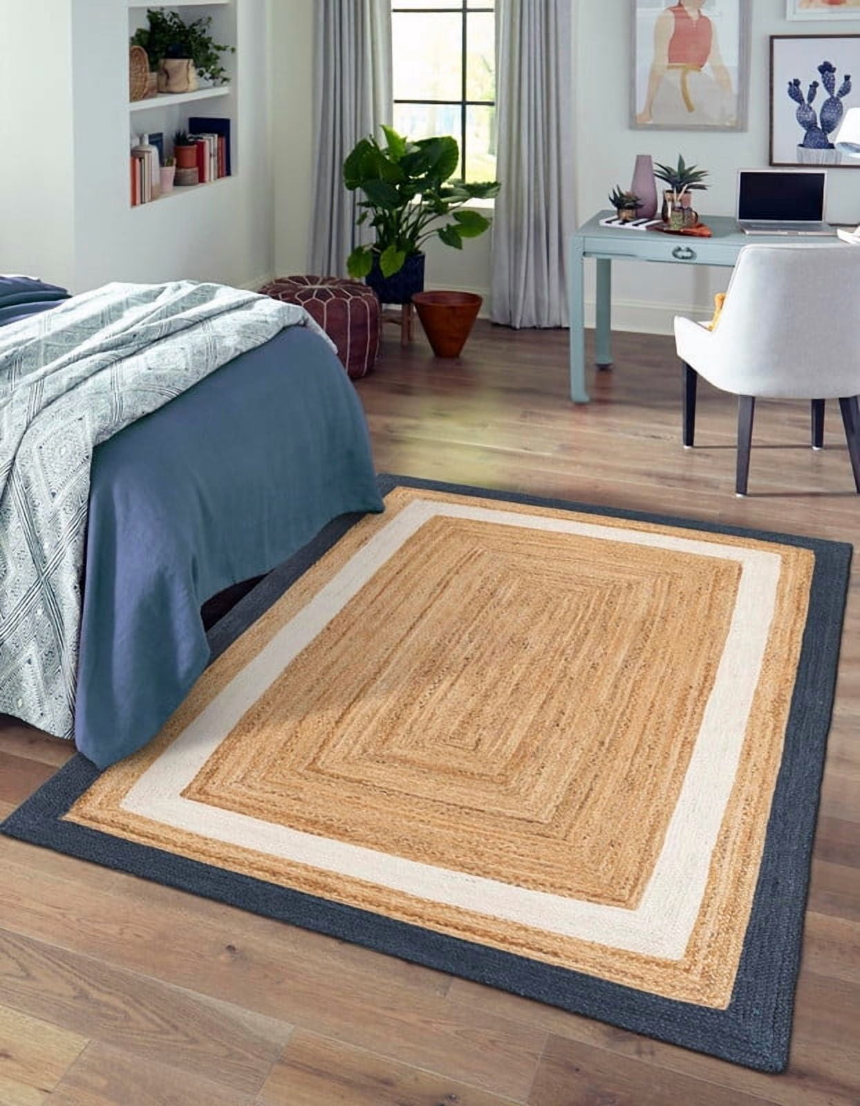 7x11Ft Beige | Navy Blue & White Jute Area Rug | Handmade | Solid Farmhouse Design | Natural Jute Rug for Living Room | Dining Room | Bedroom | Kitchen | Hallway | Entryway