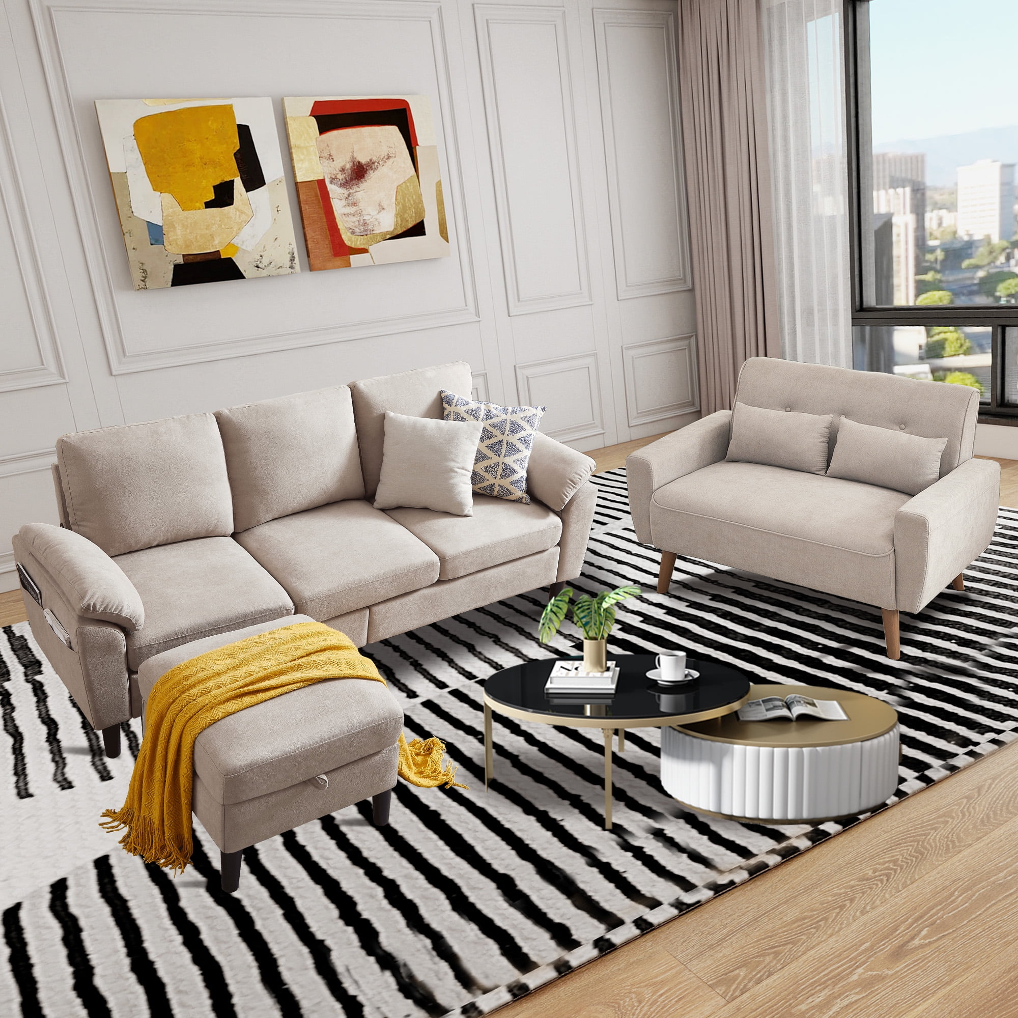 79" Convertible Sectional Sofa Set, Small L Shaped 3-Seat Couch with Reversible Chaise and Accent Chair, Modern Linen Sofas Couches for Living Room, Beige