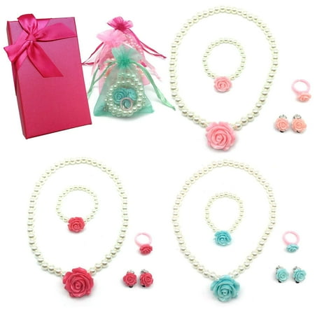 American Princess Jewelry Set - Elesa Miracle Girl Party Favor Pretend Play Princess Rose Pearl Jewelry Value Set - Necklace. Bracelet. Earrings. Ring