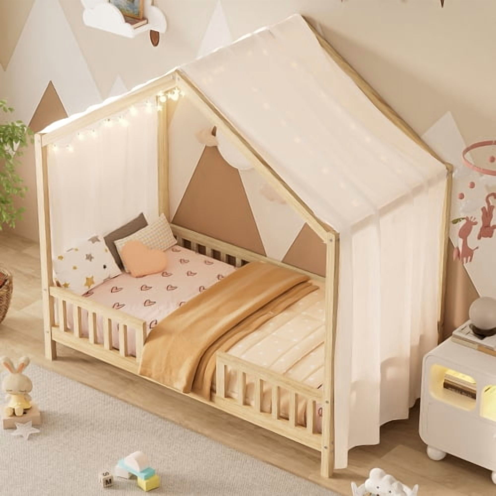 Bellemave Twin Size Canopy Bed, Montessori Floor Bed with High Railings, Wooden Twin House Bed with Roof, House Shaped Bed Twin, Natural