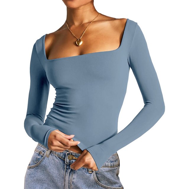 Gupgi Women Slim Fit Tops Solid Color Square Neck Long Sleeve Crop Top Tight Tee Shirts