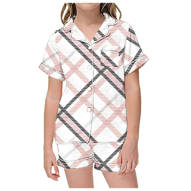 MEZZALL Ensemble de Pyjama 2 Pcs pour Enfant avec Short à Manches Courtes Imprimé à Carreaux, Blanc, 6-7 Ans