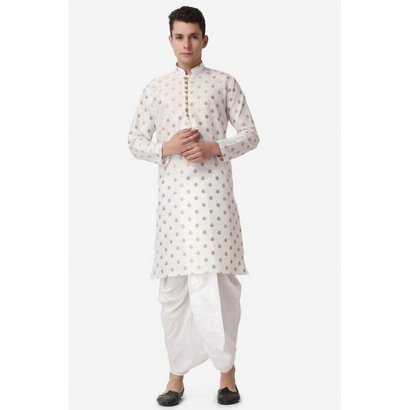 Royal Kurta Jacquard Silk Printed Cream Kurta White Dhoti Set for Men