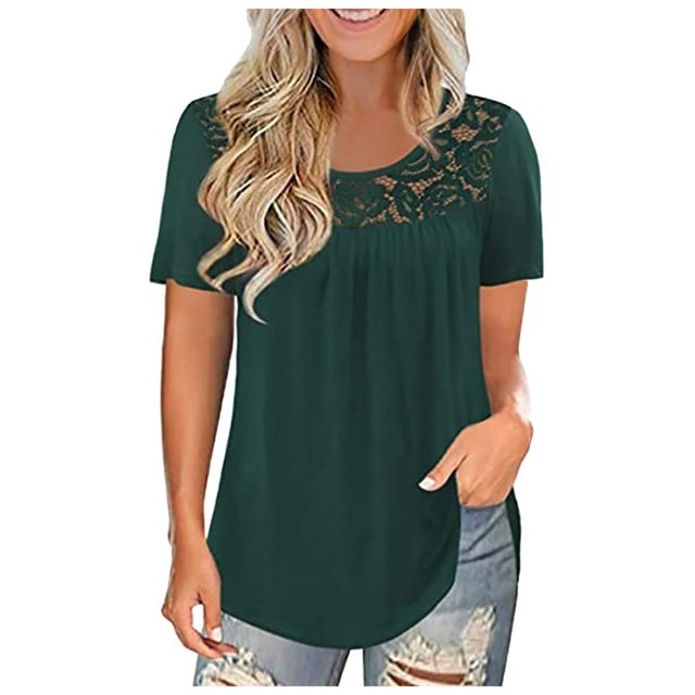 T-shirts à Manches Courtes pour les Femmes de Mode Dentelle Solide Épissage Col Rond T-Shirt Chemisier Tops