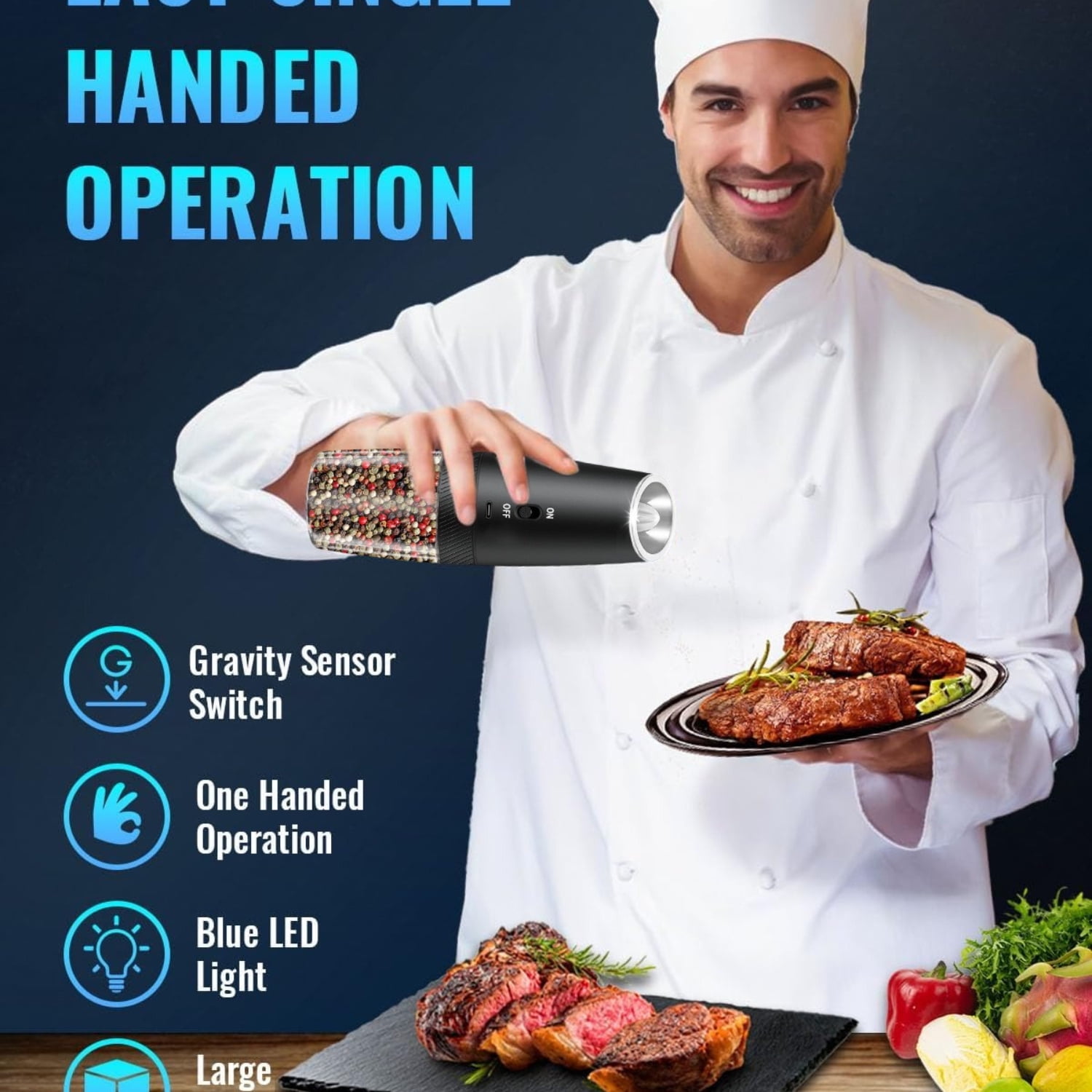 Gravity Electric Salt and Pepper Grinder Set, Adjustable Coarseness, No Batteries Needed, LED Light, One-Hand Automatic Operation, Black - Perfect Holiday Gift for Christmas.