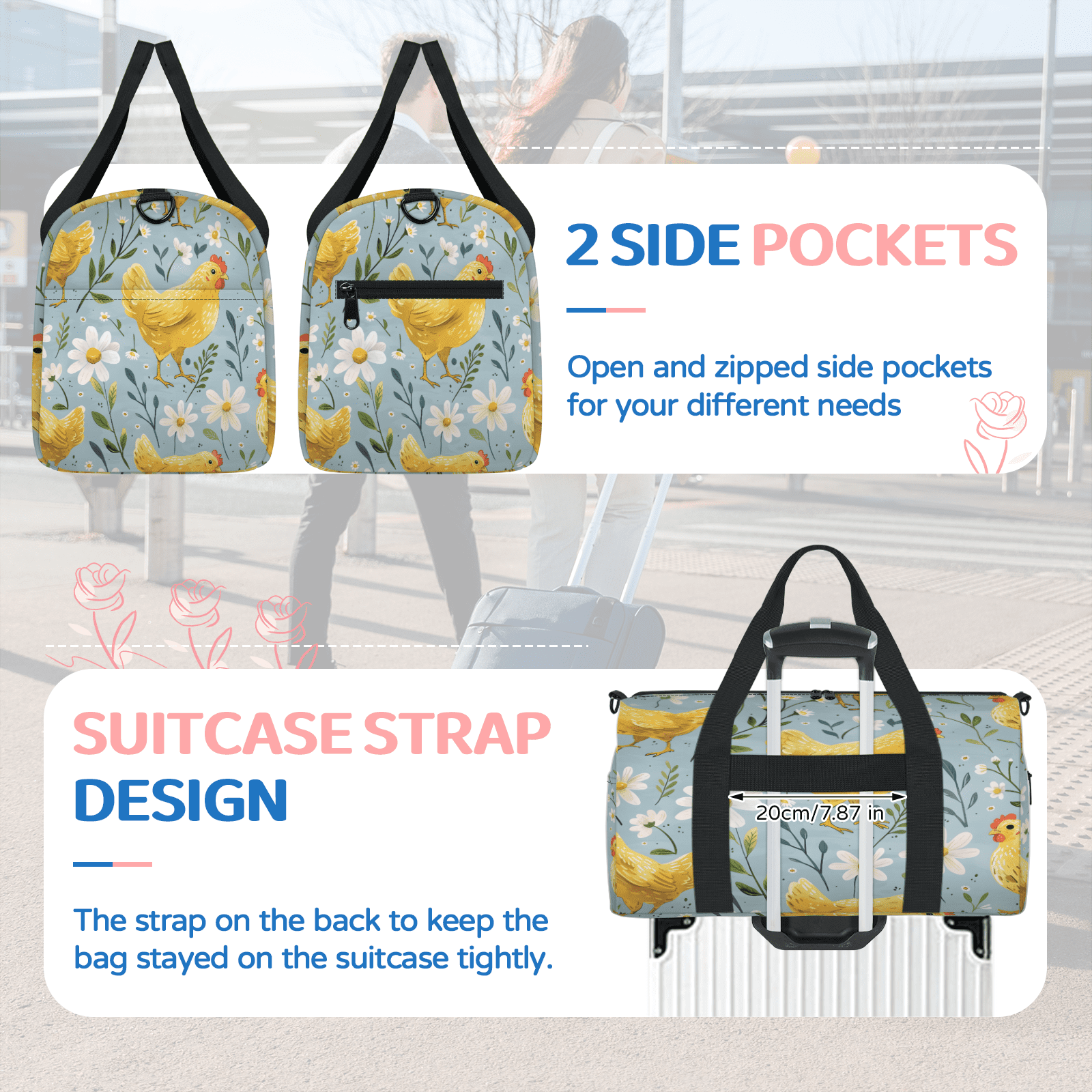 Herdesigns Chicken Travel Duffle Bag Sports Yoga Weekender Overnight Carry on Workout Bags Lightweight Waterproof Gym Tote Bag for Women Flower