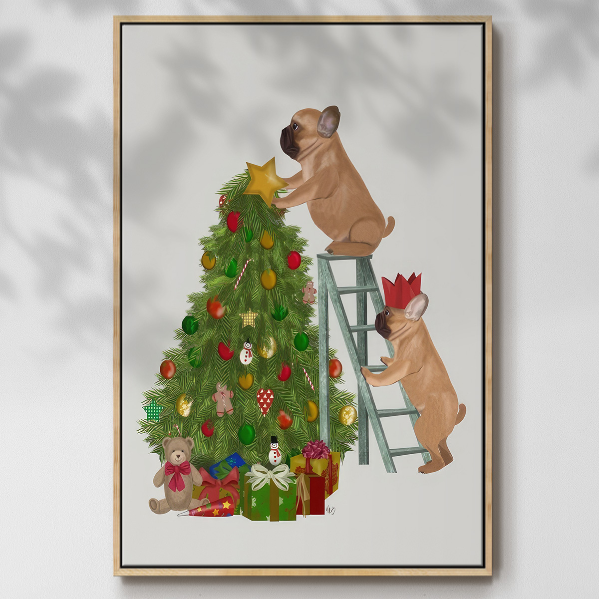 Christmas French Bulldog Tree Ladder - Framed Gallery Wrapped Holiday Canvas - 27 x 41 - Natural Wood Frame