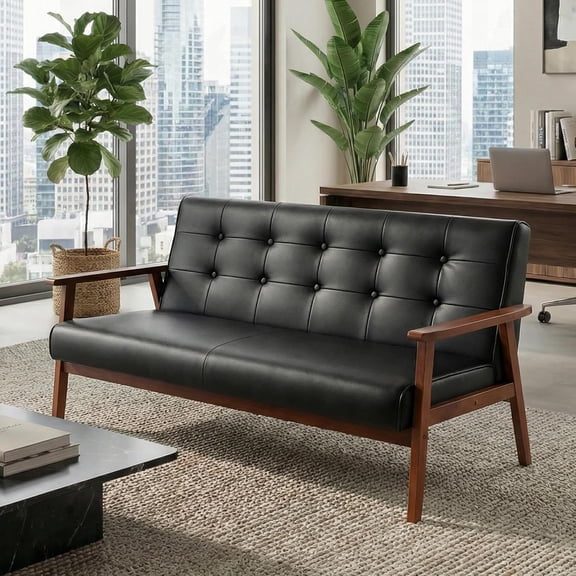50" W Solid Wood Loveseat Sofa, Upholstered Faux Leather Couch | Mid-Century Modern, 2-Seat, Tufted Backrest, Living Room, Waiting Room, Bedroom