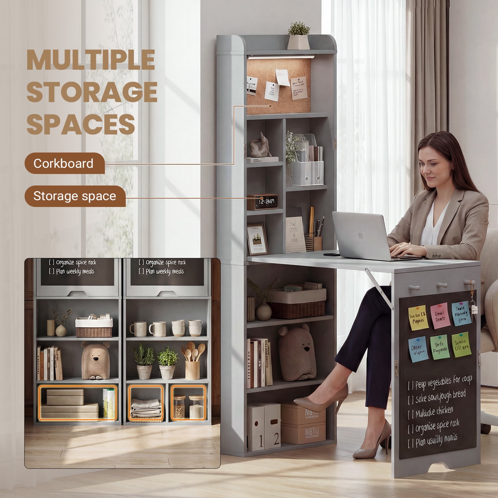 Advwin Wall Mounted Folding Murphy Desk with LED Light & Corkboard, Fold-Out Convertible Writing Table with Shelves & Magnetic Blackboard, Space-Saving Desk for Small Spaces & Home Office, Gray