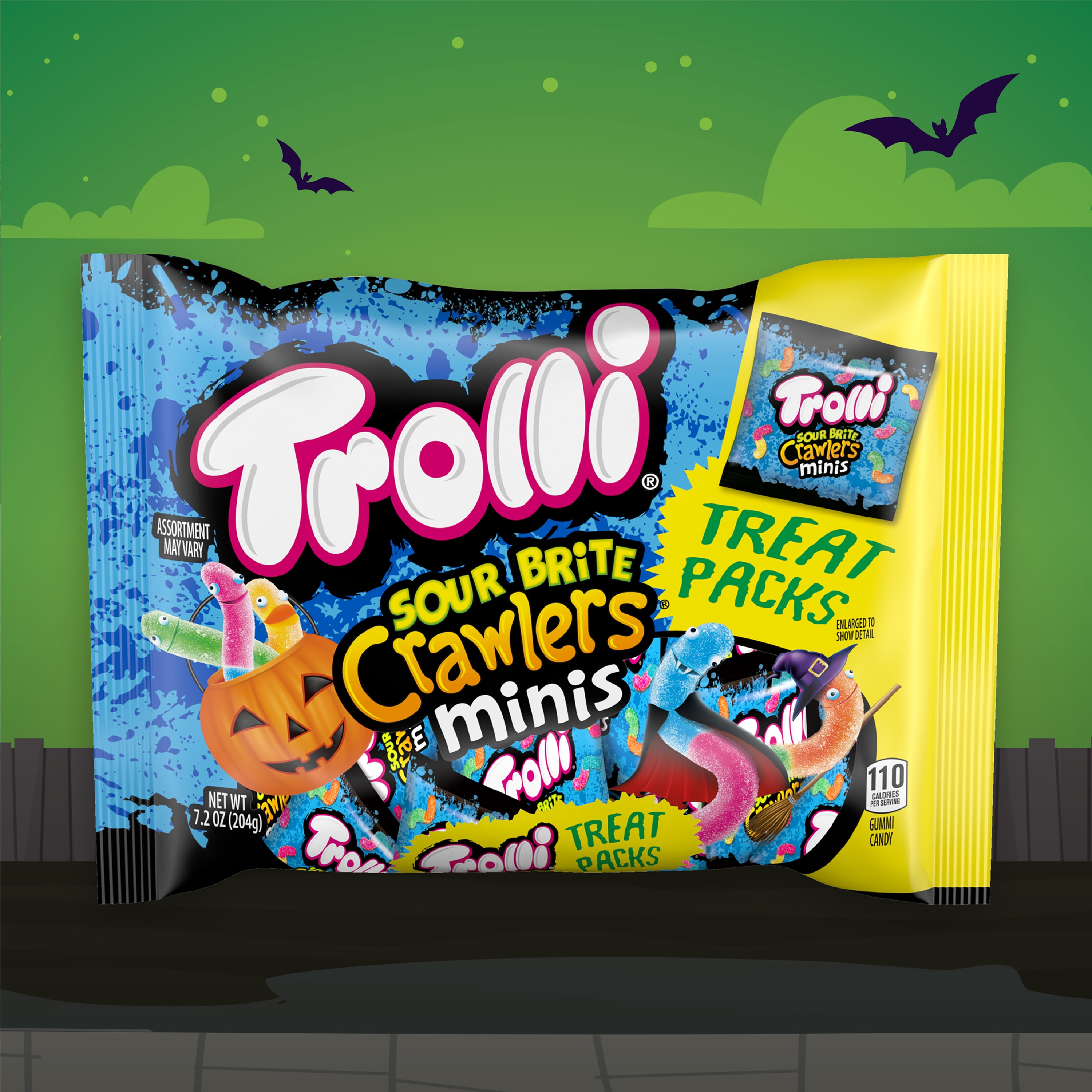 (3 pack) Trolli Sour Brite Crawlers, Halloween Sour Candy Treat Packs, 7.2 oz Bag, 12 Count