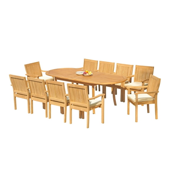 Grade-A Teak Dining Set: 10 Seater 11 Pc: 94" Oval Table And 10 Leveb Stacking Arm Chairs Outdoor Patio WholesaleTeak #51LV2211