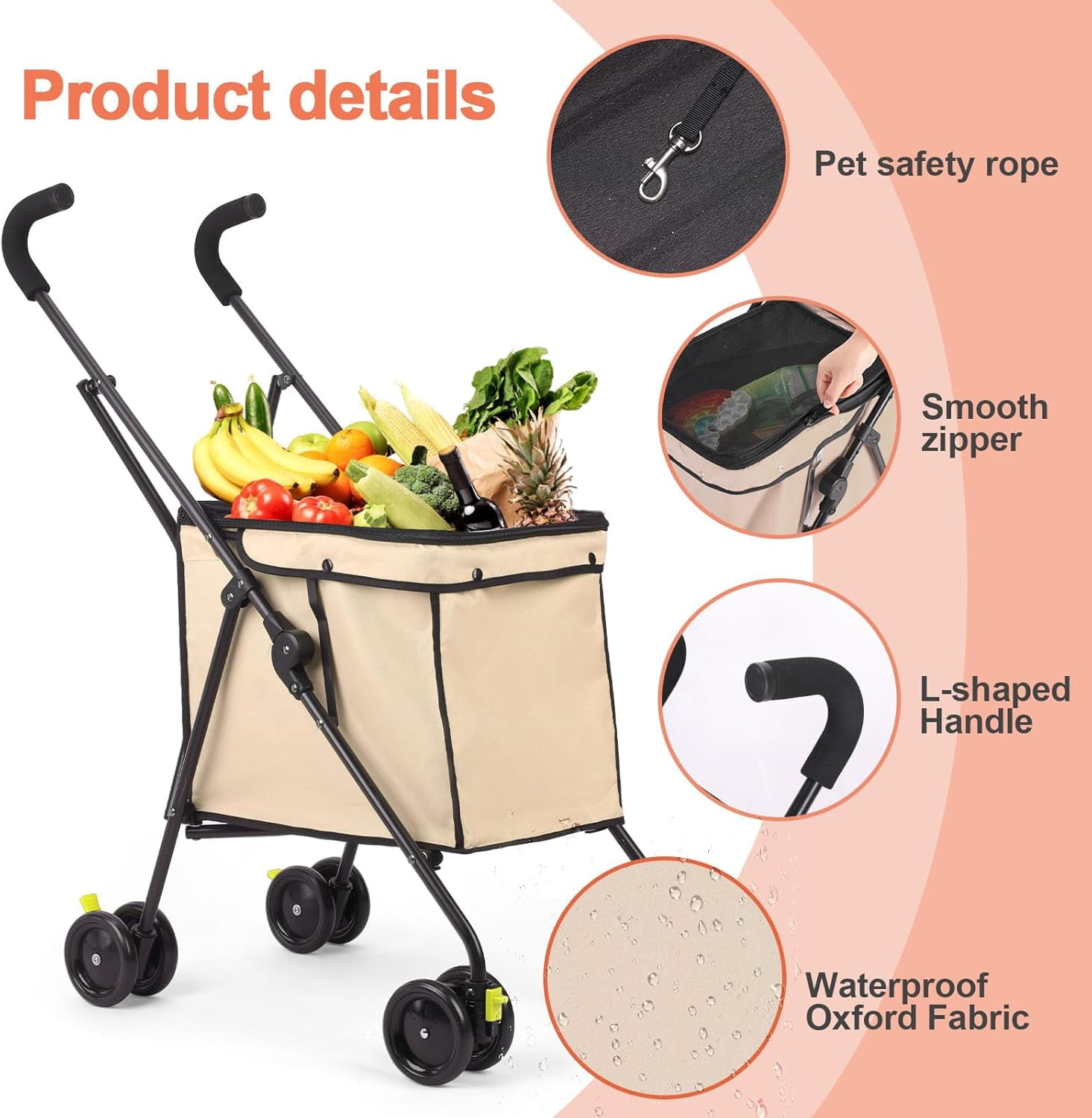 Dog Strollers, Shopping Cart, Collapsible Folding Utility Wagons Carts Heavy Duty, The Original Patented, 60lbs Capacity, Minimalist for Cats Pets Outdoor Camping Shopping Sports Garden (Khaki)
