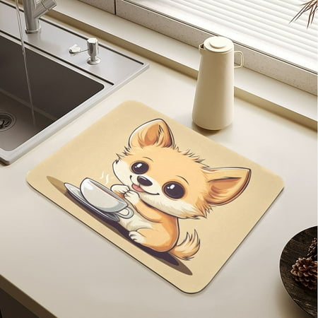 

Cartoon Cute Dog Drink Coffee Drying Mat Diatomaceous Earth Super Absorbent Slip Rubber Sole Heat Resistant 230 Degrees Fahrenheit 23.6×19.7in