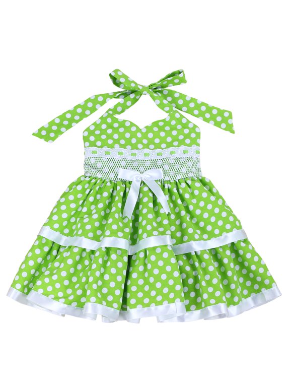 Cotton-Blend Fishing for Polka Dots Halter Dress for Toddlers and Girls (Lime, 2T)