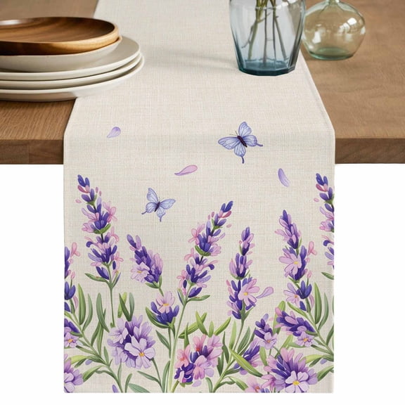 Table Runner 36 Inches Long for Kitchen Dining, Botanical Lavender Floral Dresser Scarf Farmhouse, Dining Table Decorations for Wedding/Parties, Purple Flowers Butterfly Beige 13 x 36 In