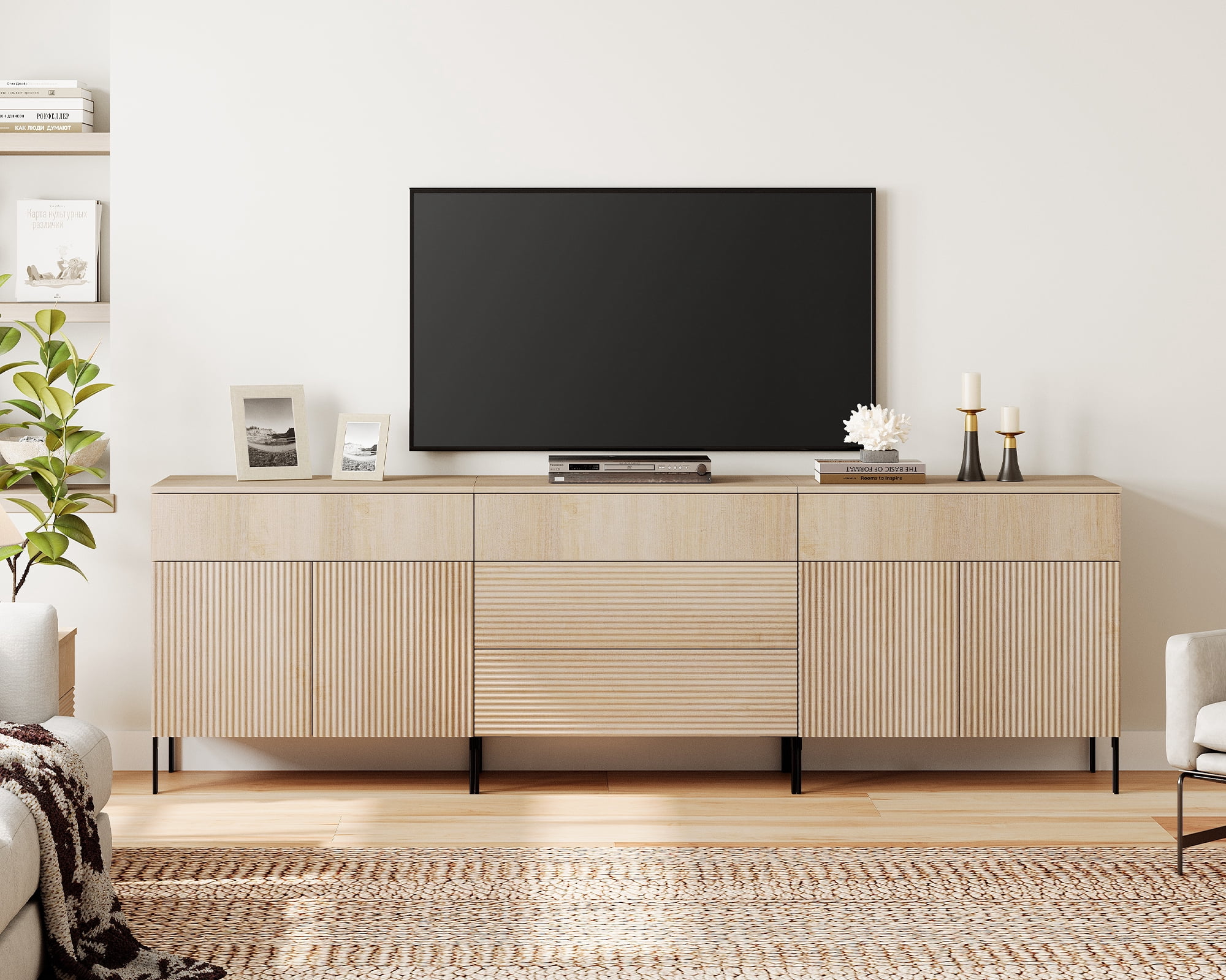 94.5" Reeded Accent Cabinet Set with Doors and Drawers, Modern Credenza Storage Cabinet with Metal Legs for Living Room, Kitchen, Dining Room, Hallway