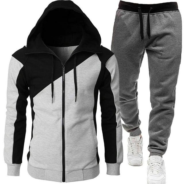 2024 Men's Tracksuit Two Piece Hooded Athletic Sweatsuit Casual Running Jogging Sport Set for Active