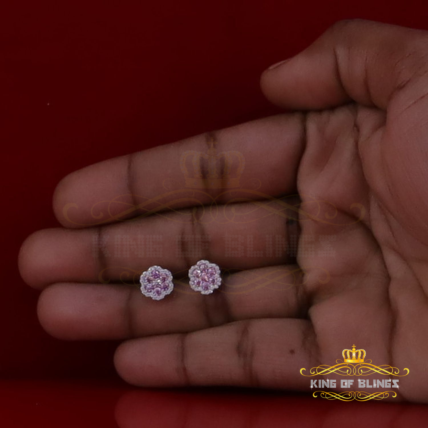 King of Bling's 925 Silver White 0.66ct VVS D Pink Moissanite Floral Men's/Women's Stud Earrings