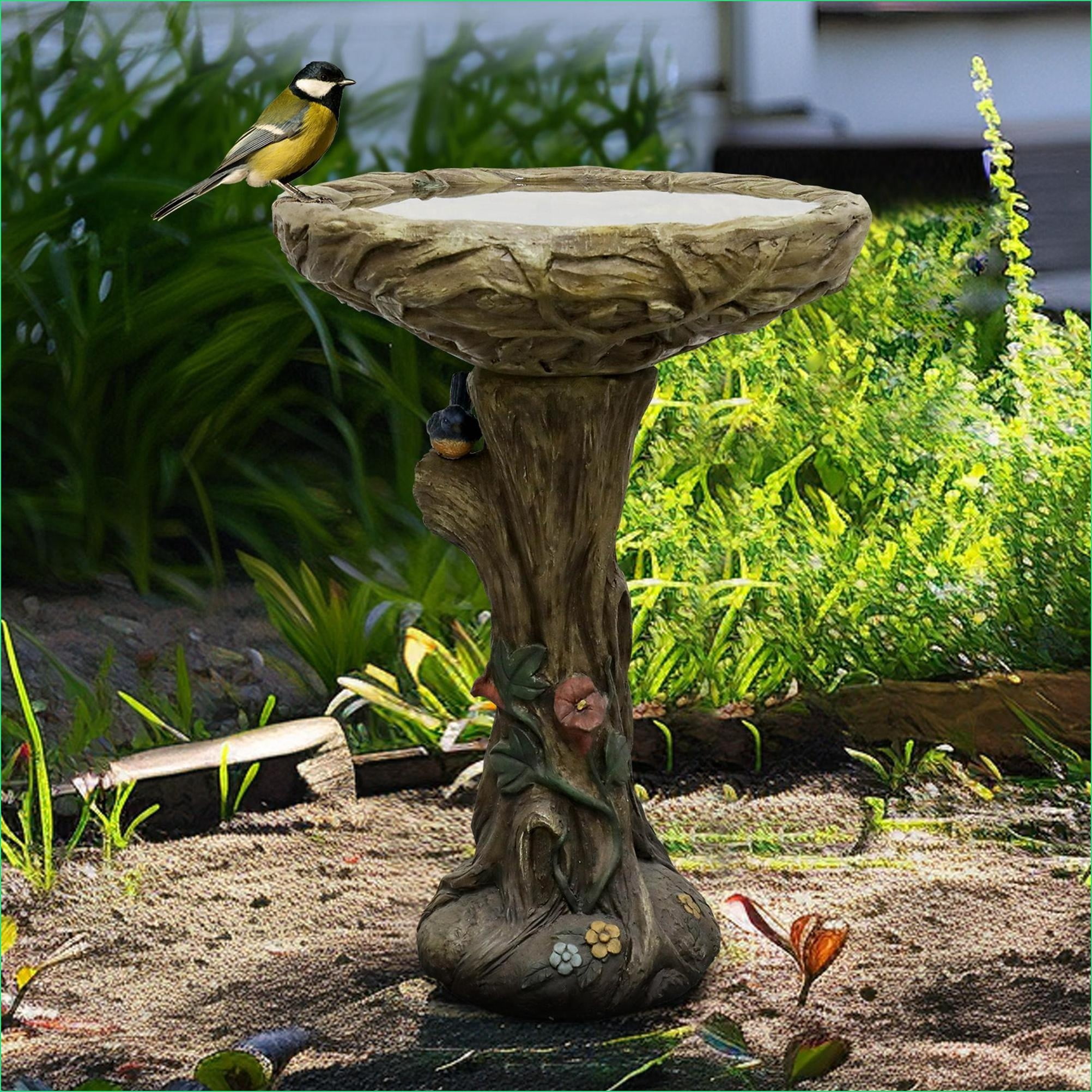 Bird Baths | Rustic Wood Look 25.5" Tall for Garden Yard Patio | Walnut Brown | Concrete Cement