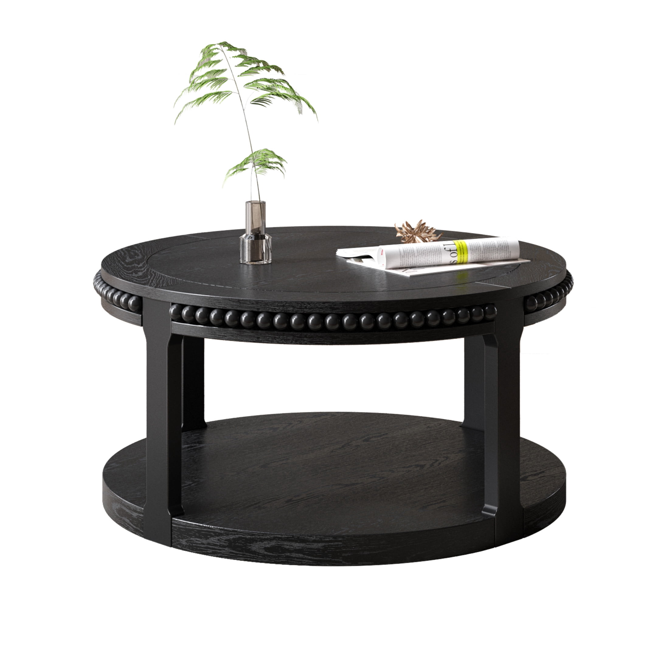 Noble House Solid Wood Round Coffee Table for Living Room,2-Tier Rustic Wood Desktop with Storage Shelf Modern Design Home Furniture, Black