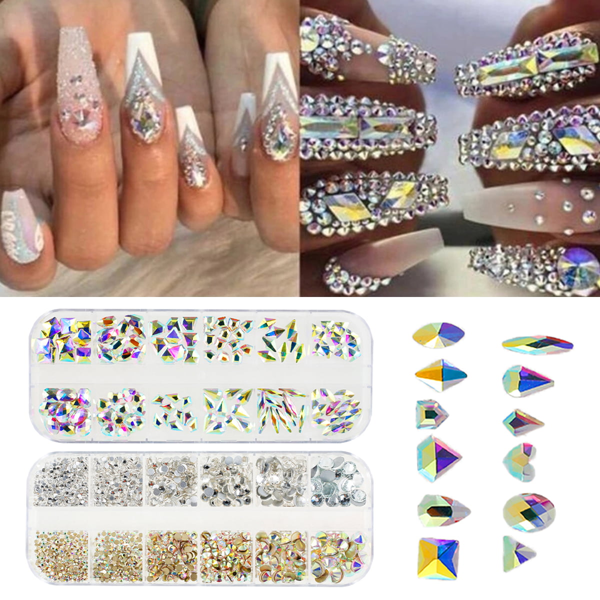 qiipii 1300Pcs Crystal AB Nail Rhinestones AB Crystal Nail Charms 60 Multi  Shapes Flatback Rhinestones Big Nail Art Gems +1240 Round Beads K9 Glass
