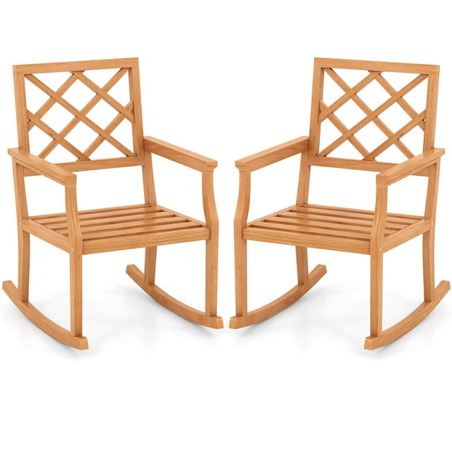 Costway 2 PCS Teak Wood Rocking Chair with Backrest and Slatted Seat Backyard and Lawn