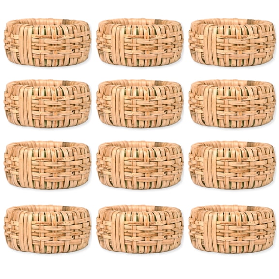 Set of 12 Handcrafted Napkin Rings - Plastic & Cane Round Napkin Holders for Dining Table Décor (Rustic Rattan)