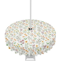 Outdoor Tablecloth with Umbrella Hole and Zipper Flower Leaves Round Outdoor Tablecloths 60 Inch Waterproof Table Cloths Yellow Floral Patio Table Cloth Cover for Outdoor Tables Picnic Garden