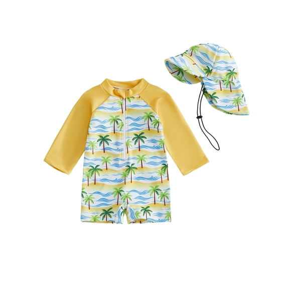 BemeyourBBs Newborn Baby Boy Girl One Piece Swimsuit with Sunhat Infant Boys Bathing Suit Long Sleeve Rash Guard UPF 50 Turtle Shark Coconut Tree Printed Zipper Swimwear Summer Beachwear
