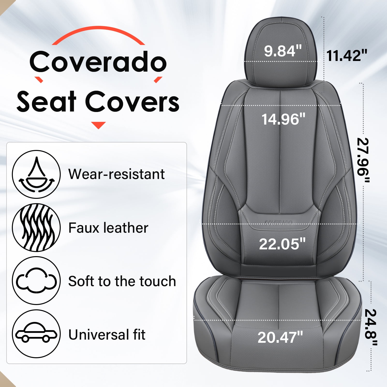 Coverado Gray Front Car Seat Covers, Stylish Waterproof Premium Leather Automotive Seat Protectors, Airbag Compatible Auto Interior Accessories Universal Fit for Most Cars SUV Pick-up Trucks