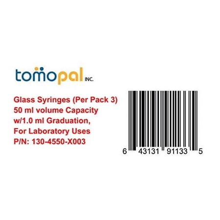 Glass Syringe 50ml (Per Pack 3), Tomopal Glass Syringe 50 ml, w/1.0 ml Graduation for Laboratory Uses. P/N: 130-4550-X003