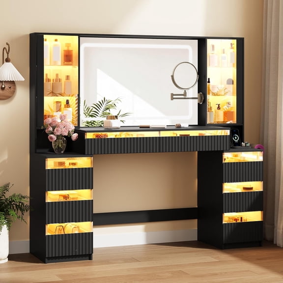 FANRAL 59" Black Large Vanity Desk,Dual LED Lighted Mirror,Hair Dryer Holder,RGB Ambient Light,8 Drawers Glass Cabinets Dressing Station for Bedroom